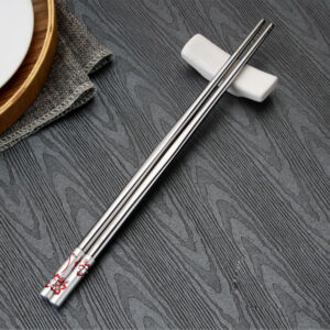 Red-Silver Blossom Stainless Steel Chopsticks Set 5 pairs